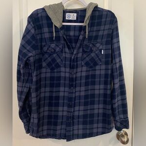 Hurley Flannel Button Up Hoodie Men’s Sz M Blue/Black Plaid Gray Hood Pockets